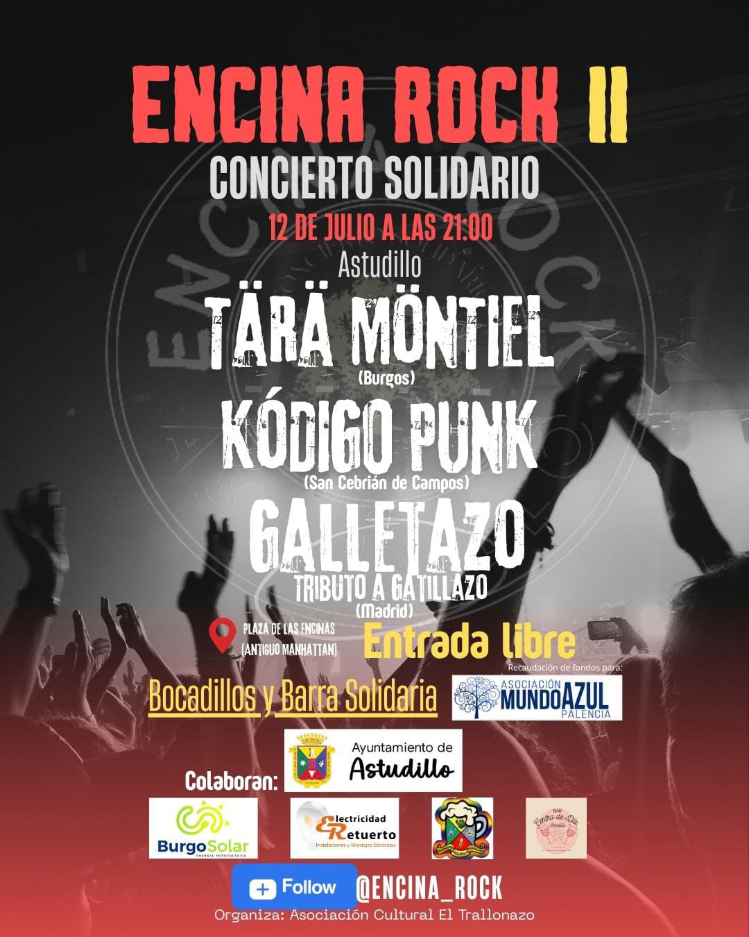 ¡La fiesta sigue en Astudillo por una gran causa! 🎸🤘

Tras el esfuerzo del triatlón, ¡toca celebrar con un CONCIERTO SOLIDARIO! organizado por @encina_rock. Toda la recaudación será para la Asociación Mundo Azul Palencia (@mundoiiaziul), que hace una labor increíble apoyando a personas con autismo.

¡No tienes que haber corrido para unirte! Ven a disfrutar de buena música y ayuda a una causa local. ¡Te esperamos!